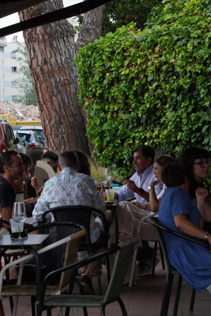 La terraza bajo los pinos, con gente tomando algo.